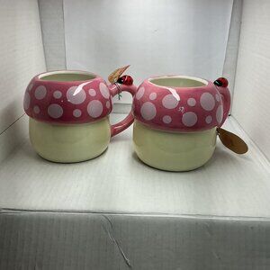 Set of 2 pink polka dot mugs with ladybug handles